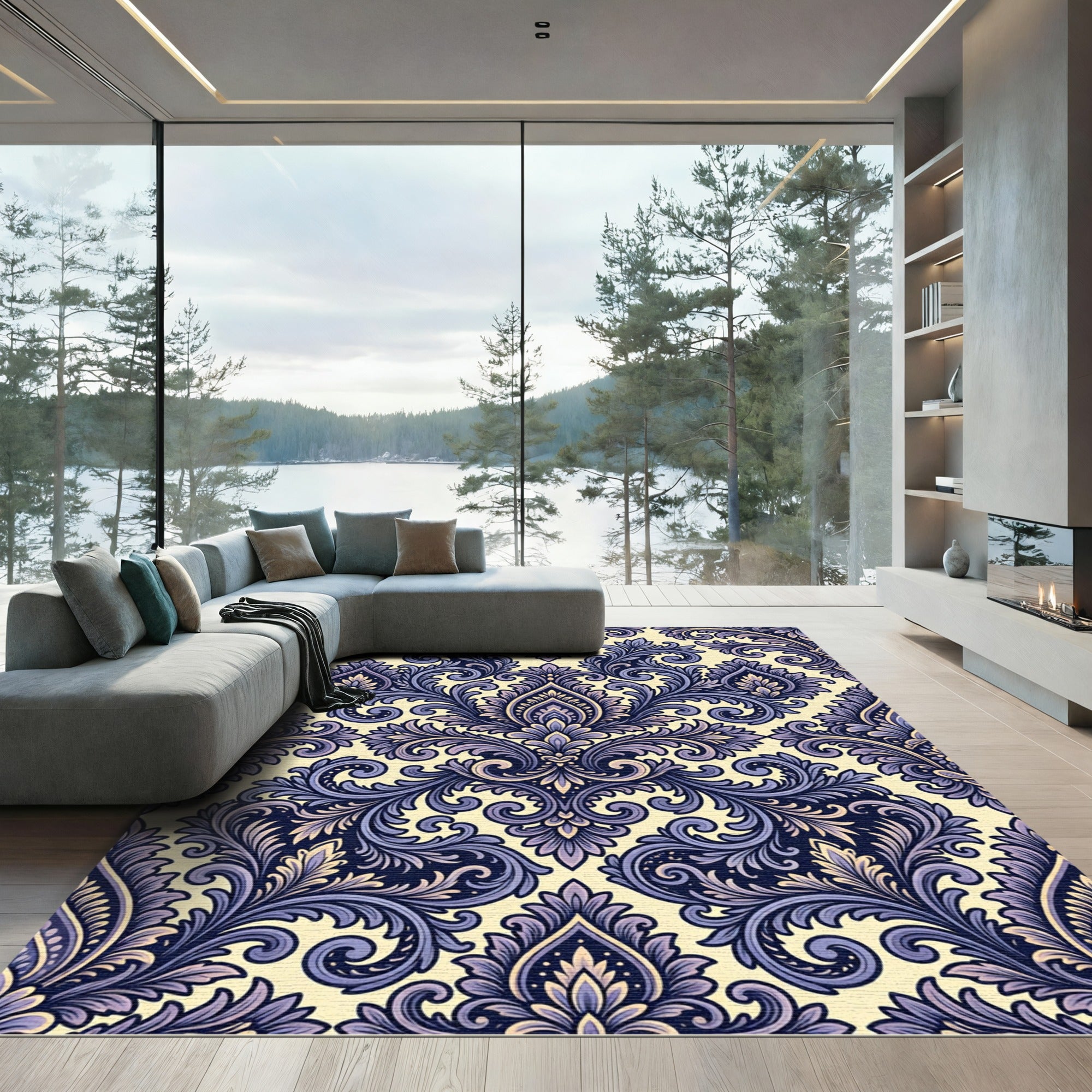 Lavish Blue Floral Damask Background Rug