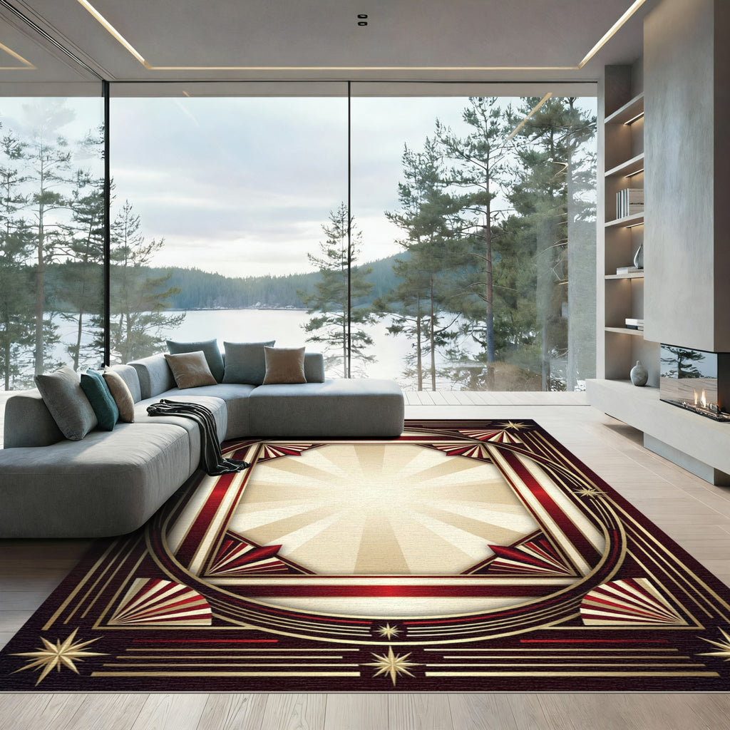 Art Deco Crimson Sunburst Radiant Rug