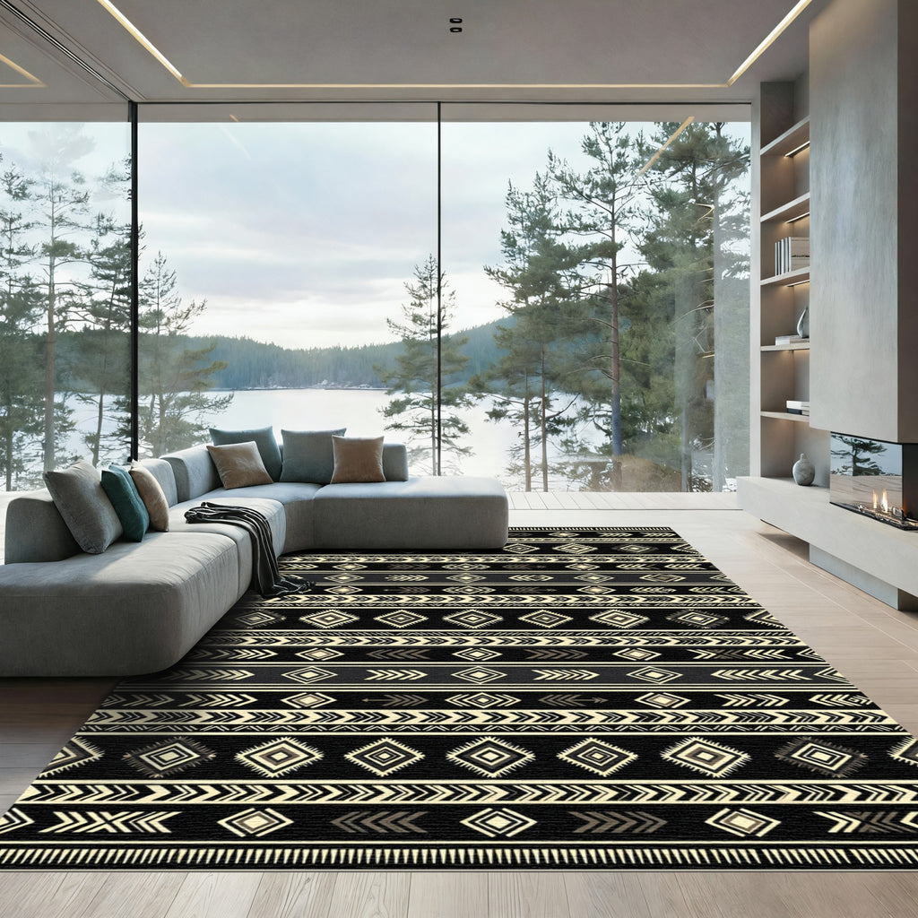 Tribal Black Geometric Diamond Stripe Rug