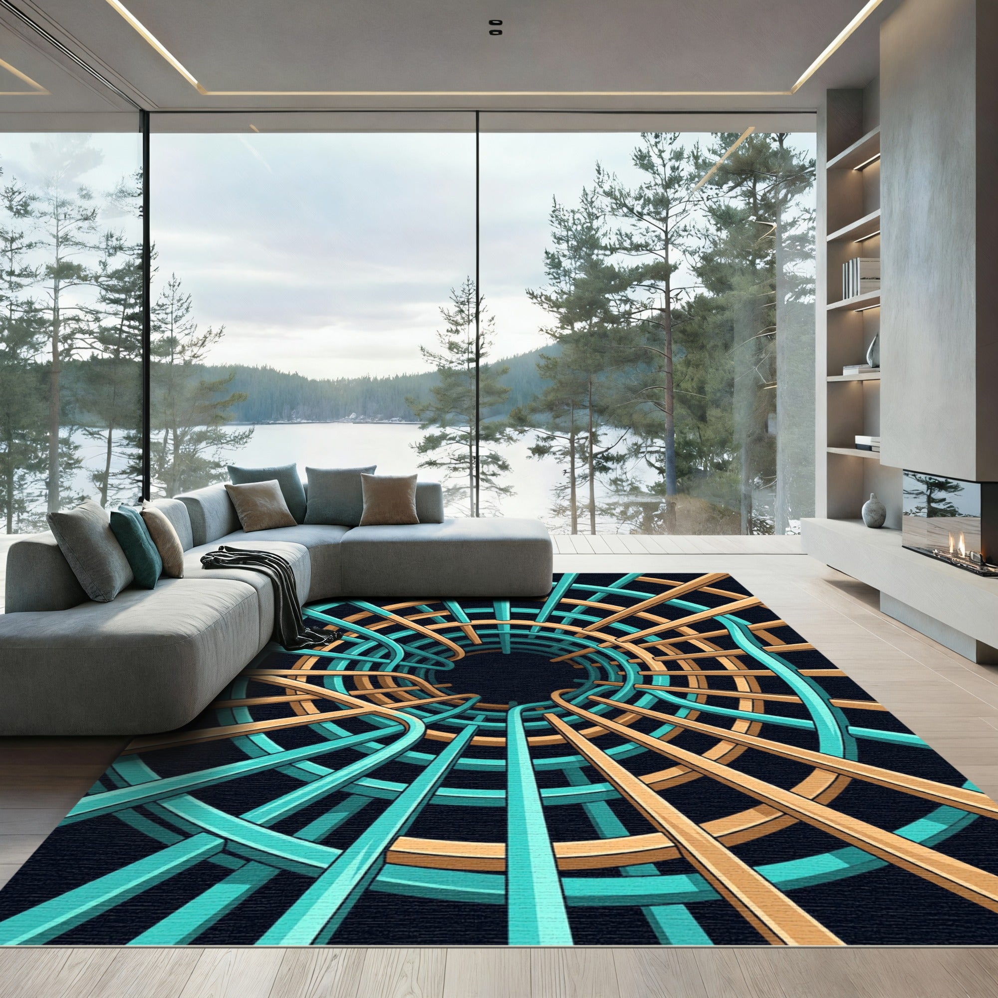 Teal and Gold Abstract Radial Tunnel Rug