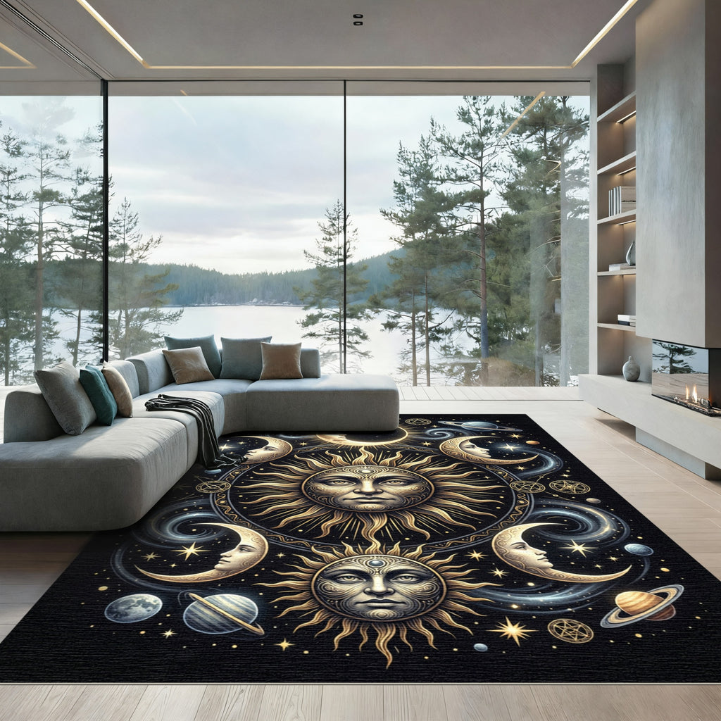 Celestial Sun Moon Spiral Galaxy Rug