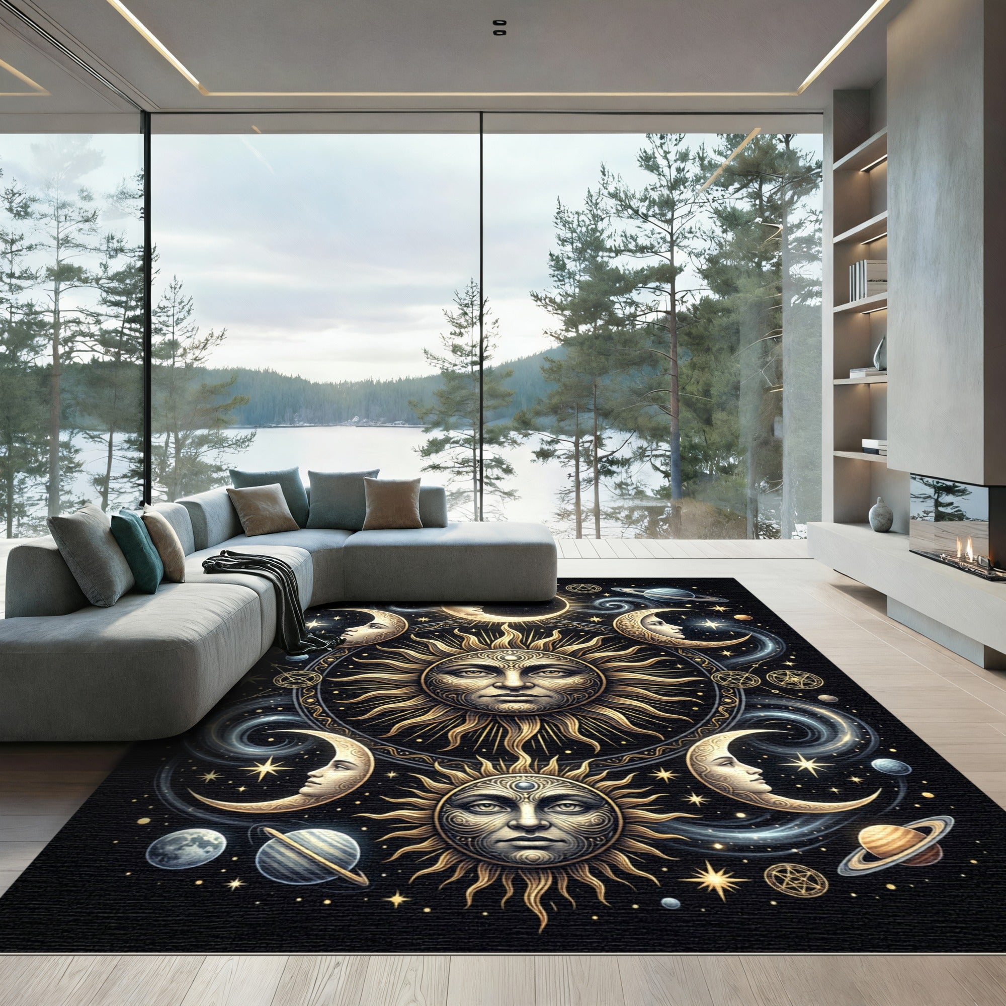 Celestial Sun Moon Spiral Galaxy Rug