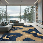 Modern Navy and Gold Fluid Contour Rug