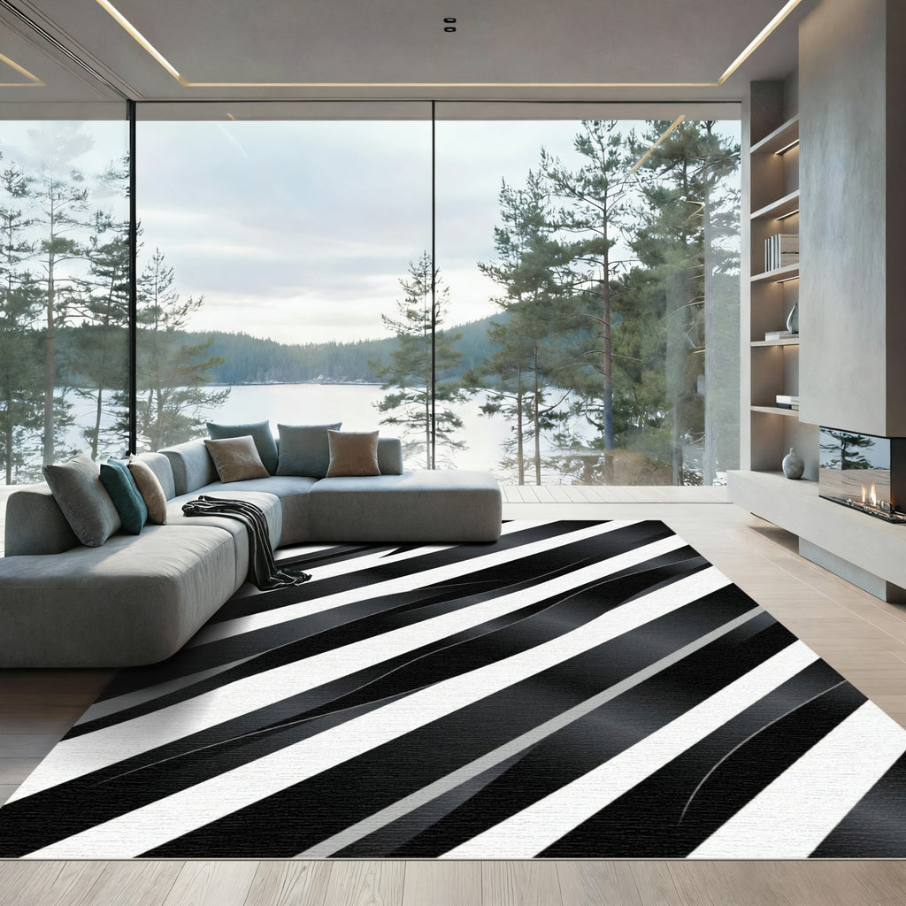 Chic Black White Diagonal Ribbon Rug