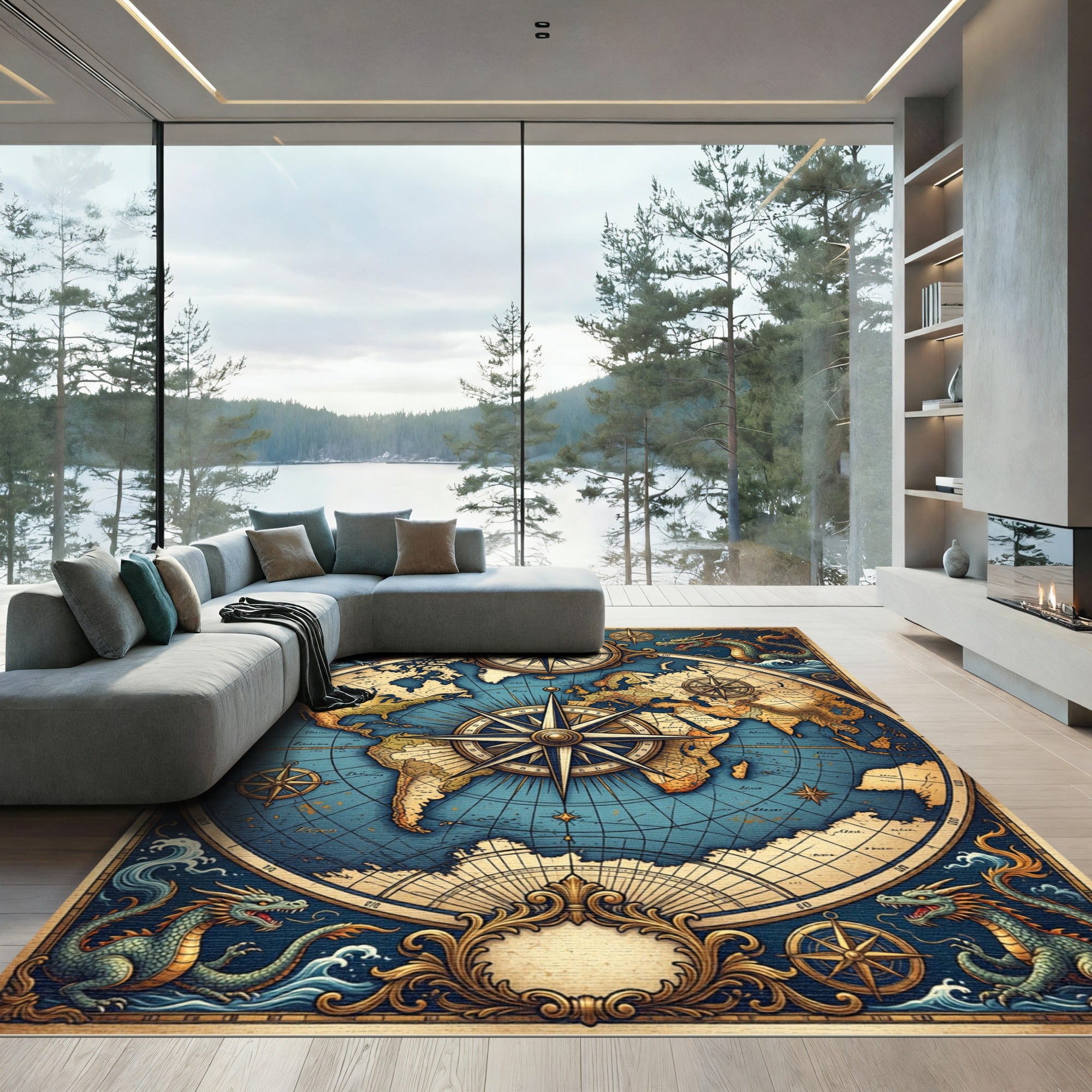 Vintage Dragon World Map Compass Rose Rug