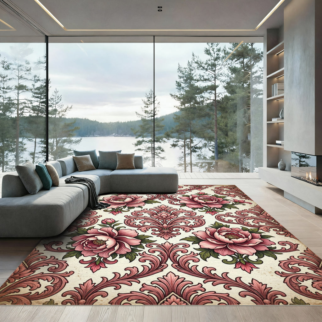 Antique Pink Victorian Peony Damask Rug