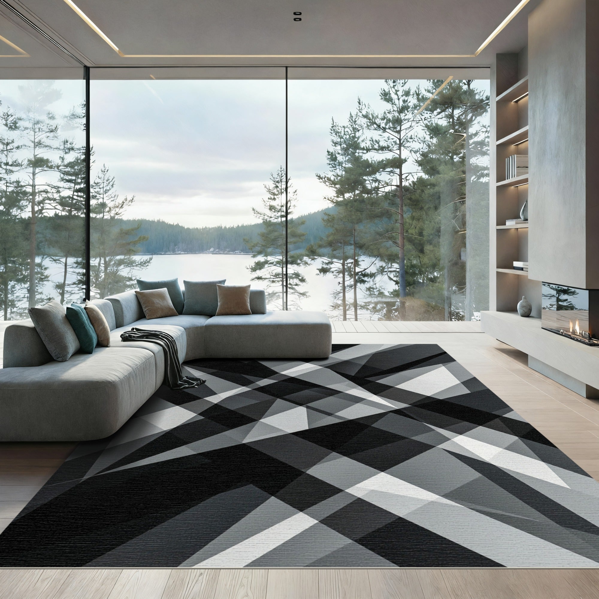 Modern Monochromatic Geometric Abstract Art Rug
