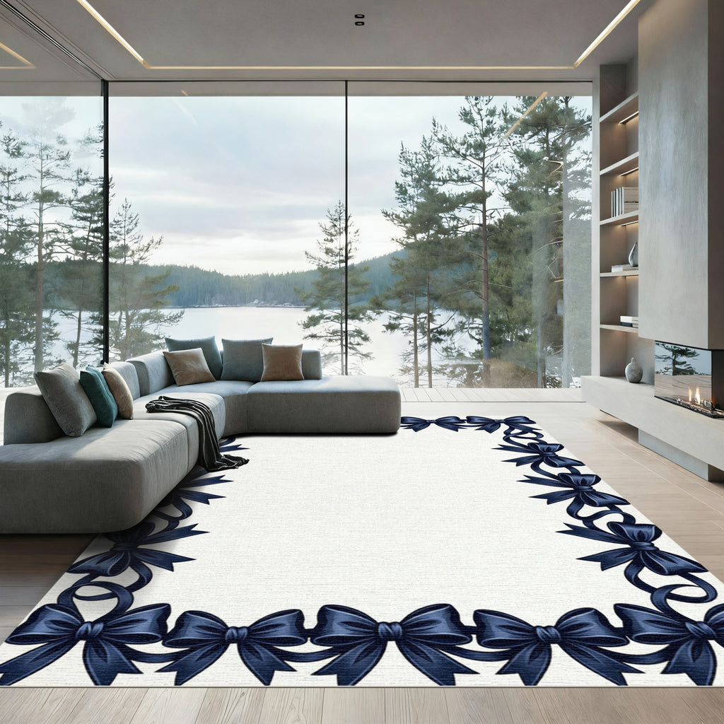Elegant Navy Ribbon Bow Border Rug