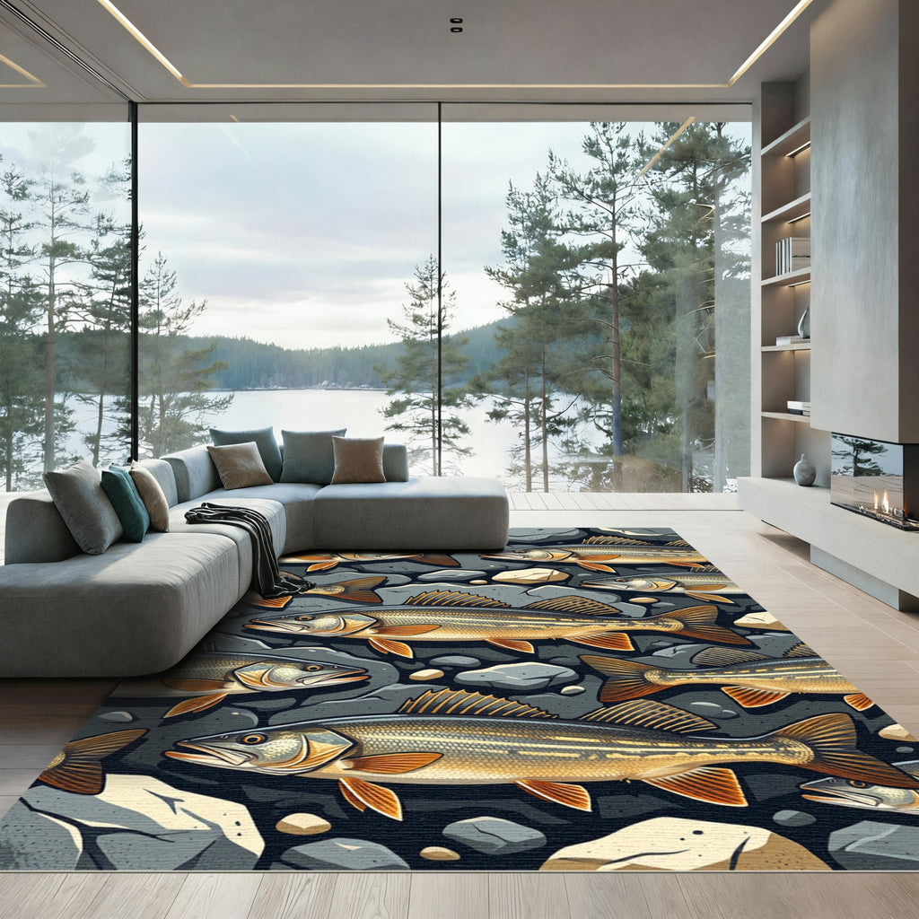 River Fish and Stone Mosaic Rug