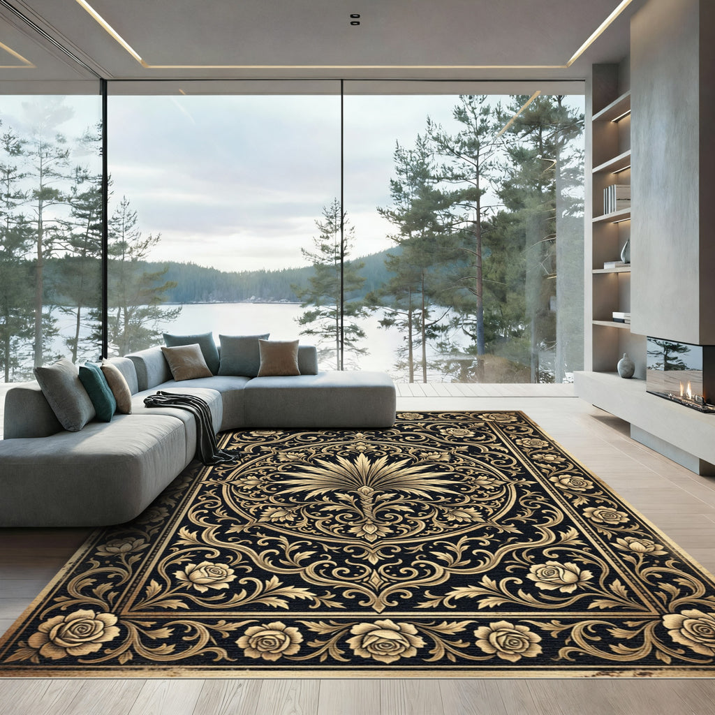 Elegant Gold Floral Black Medallion Rug