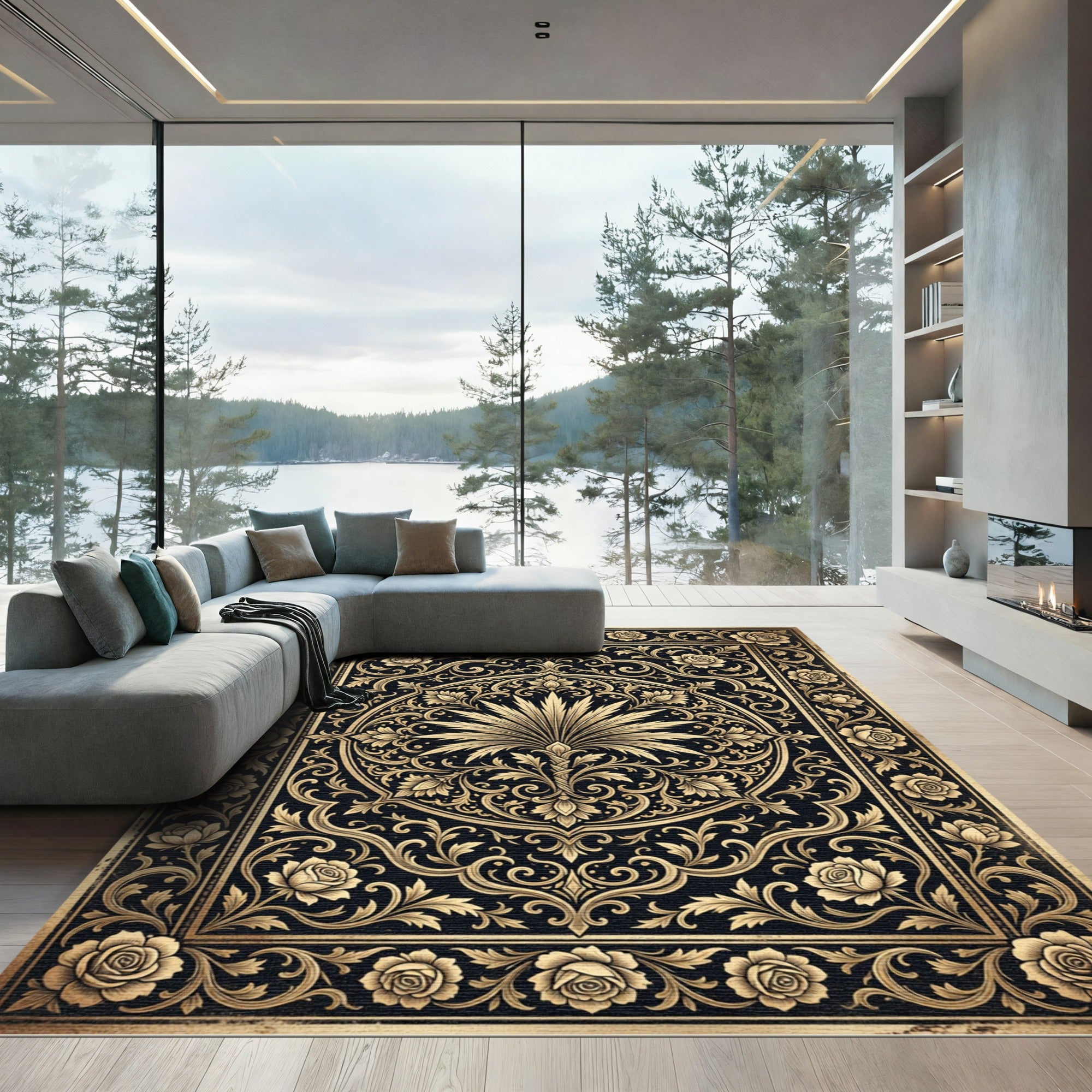 Elegant Gold Floral Black Medallion Rug