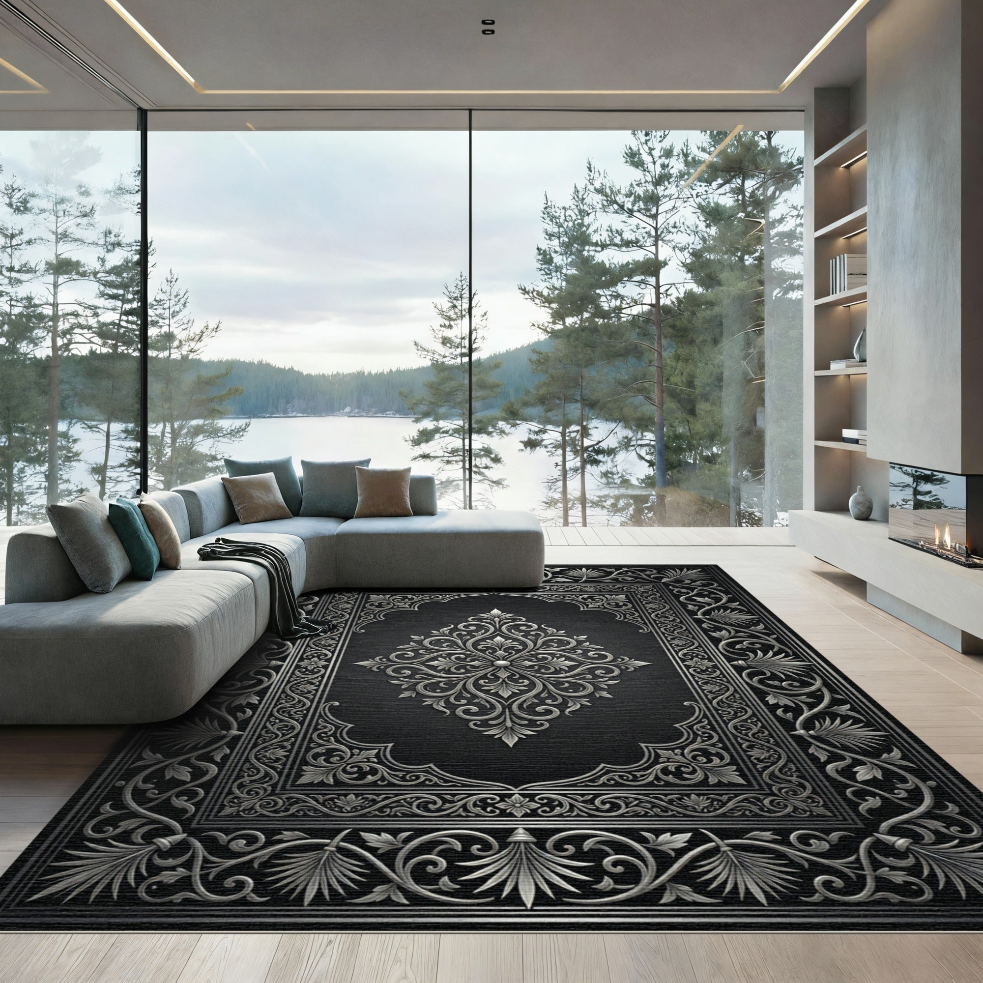 Antique Silver Floral Arch Medallion Rug