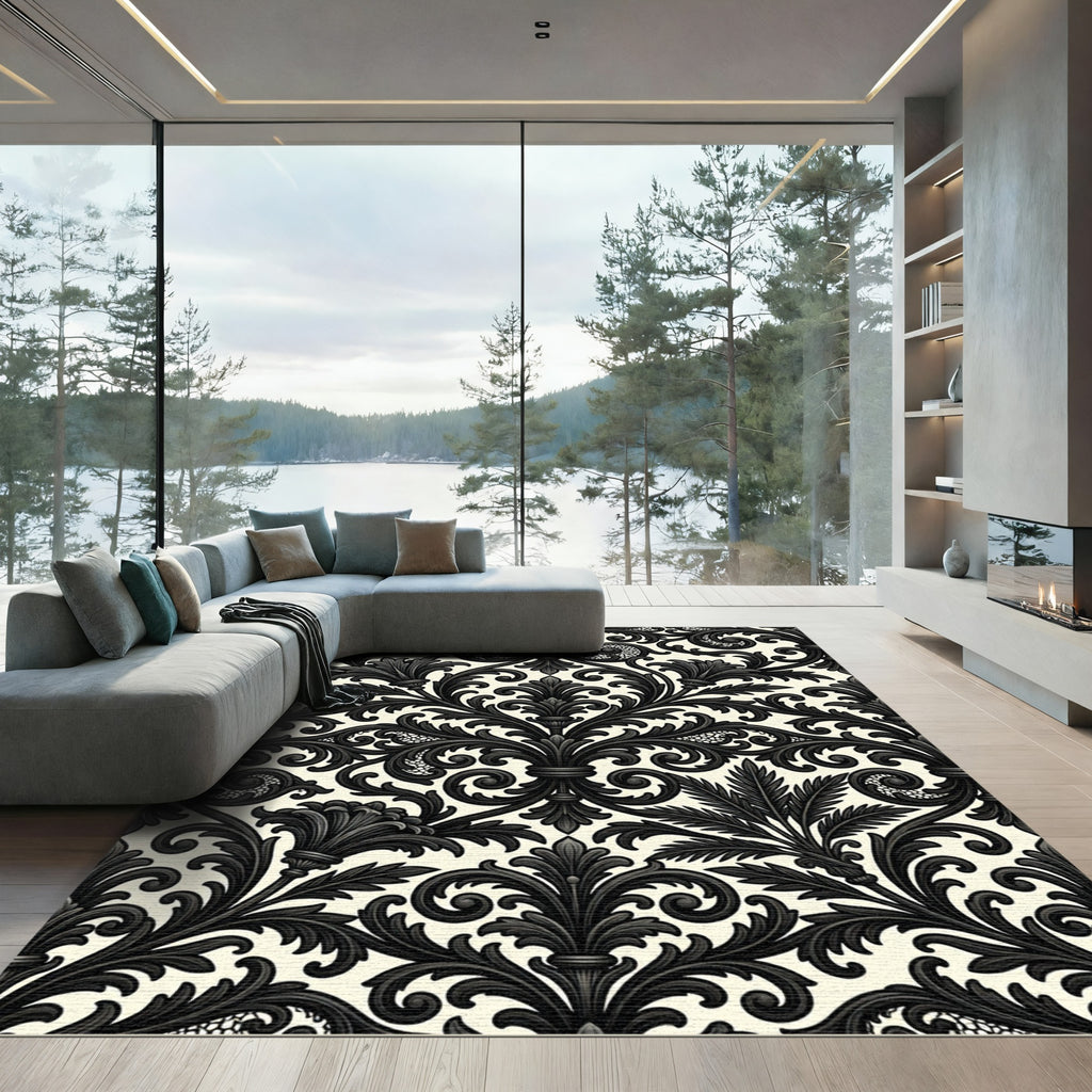 Black Ivory Ornate Damask Rug