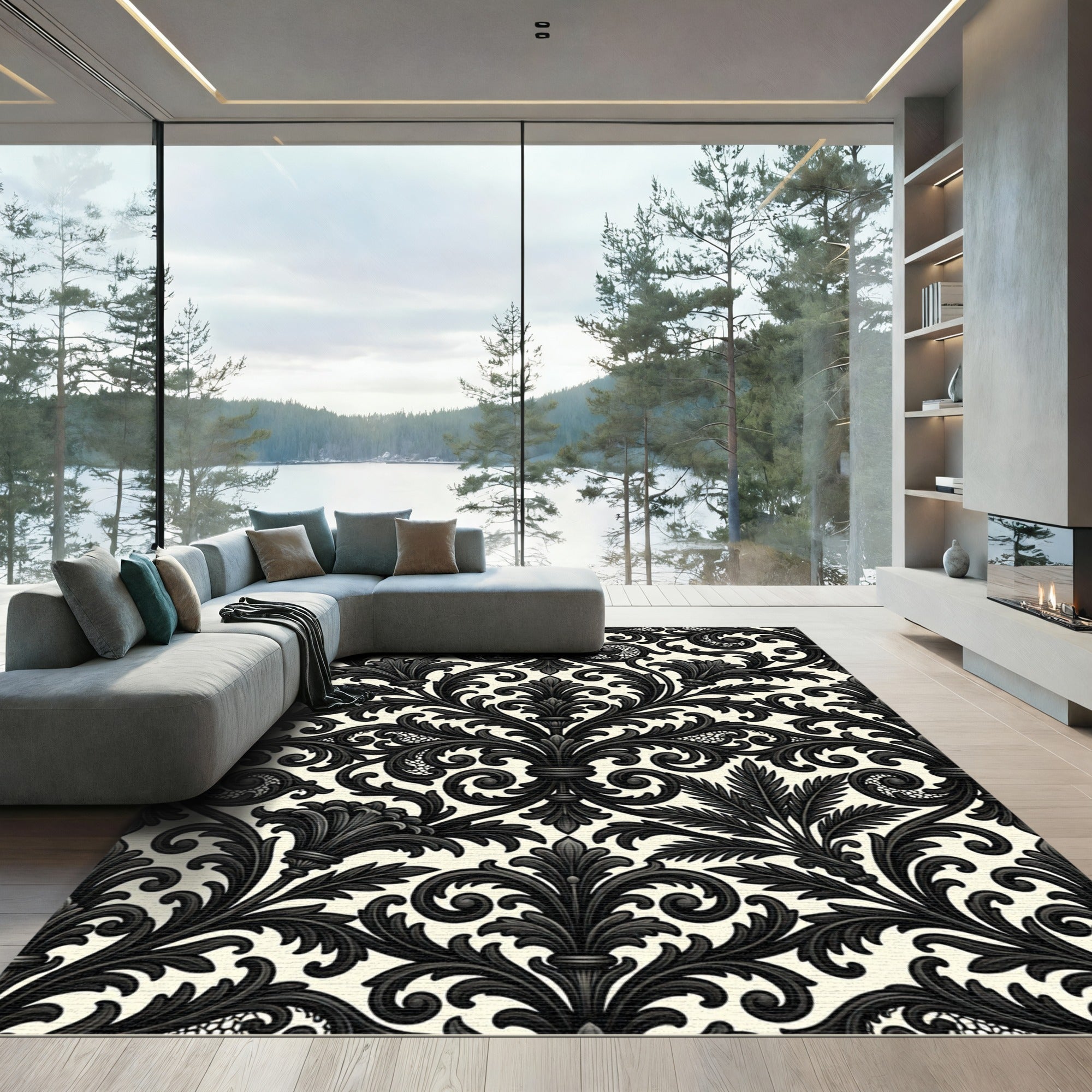 Black Ivory Ornate Damask Rug