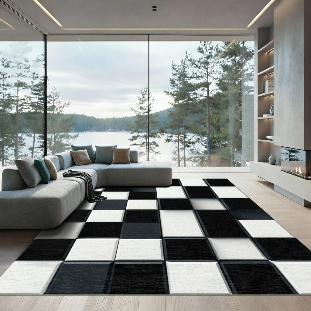 Monochrome 3D Checkered Composition Rug