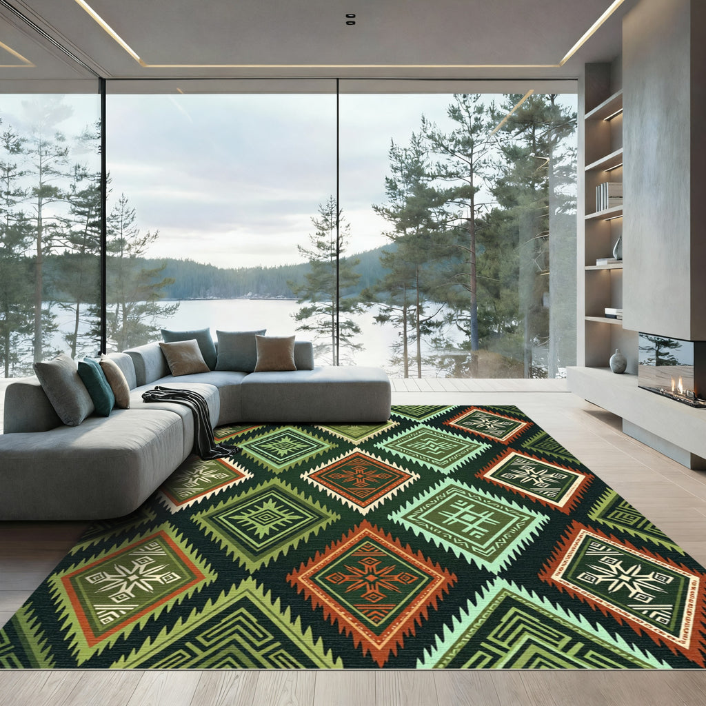 Geometric Emerald Tribal Diamond Rug