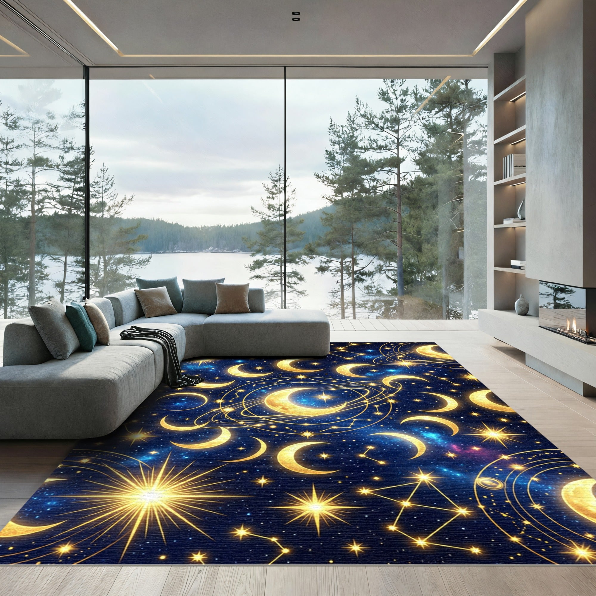 Celestial Golden Moon and Starry Night Rug
