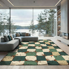 Aged Checkerboard Splatter Green Cream Rug