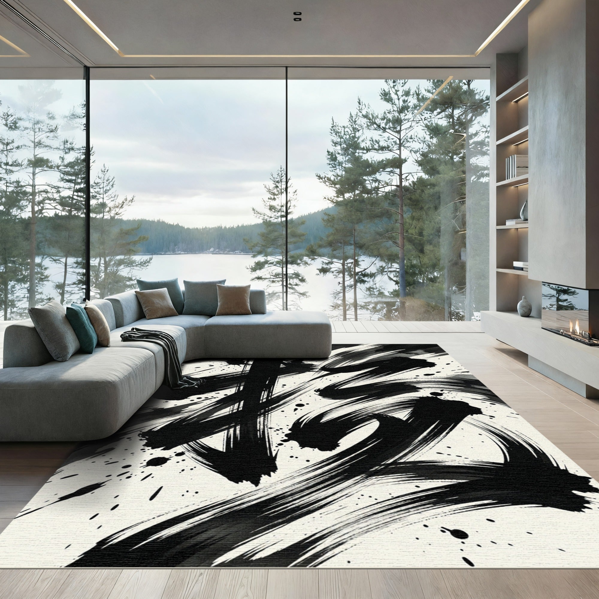 Bold Black Ink Splash Brushstrokes Rug