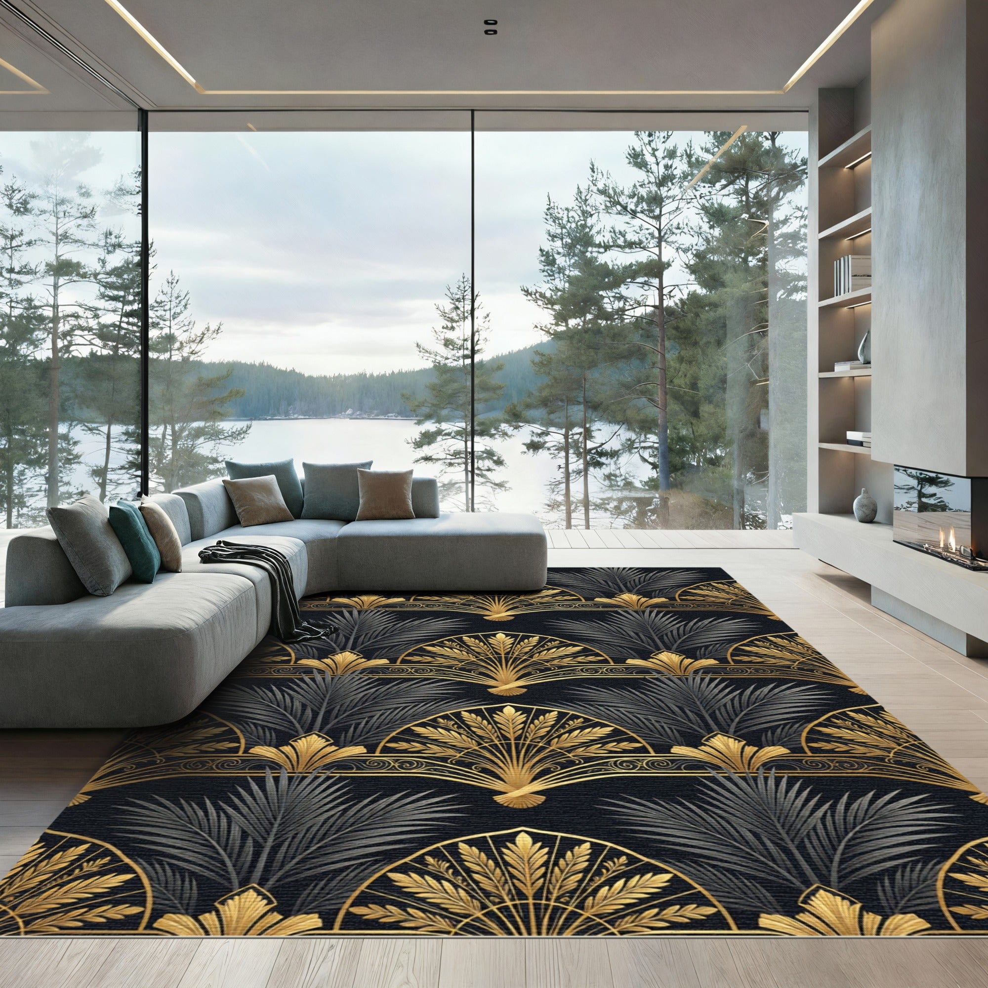 Art Deco Gold Palm Black Wallpaper Rug
