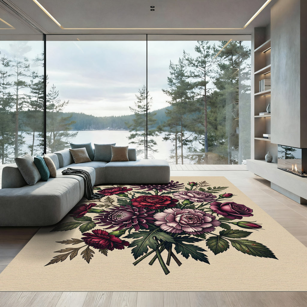 Deep Crimson Garden Floral Arrangement Rug