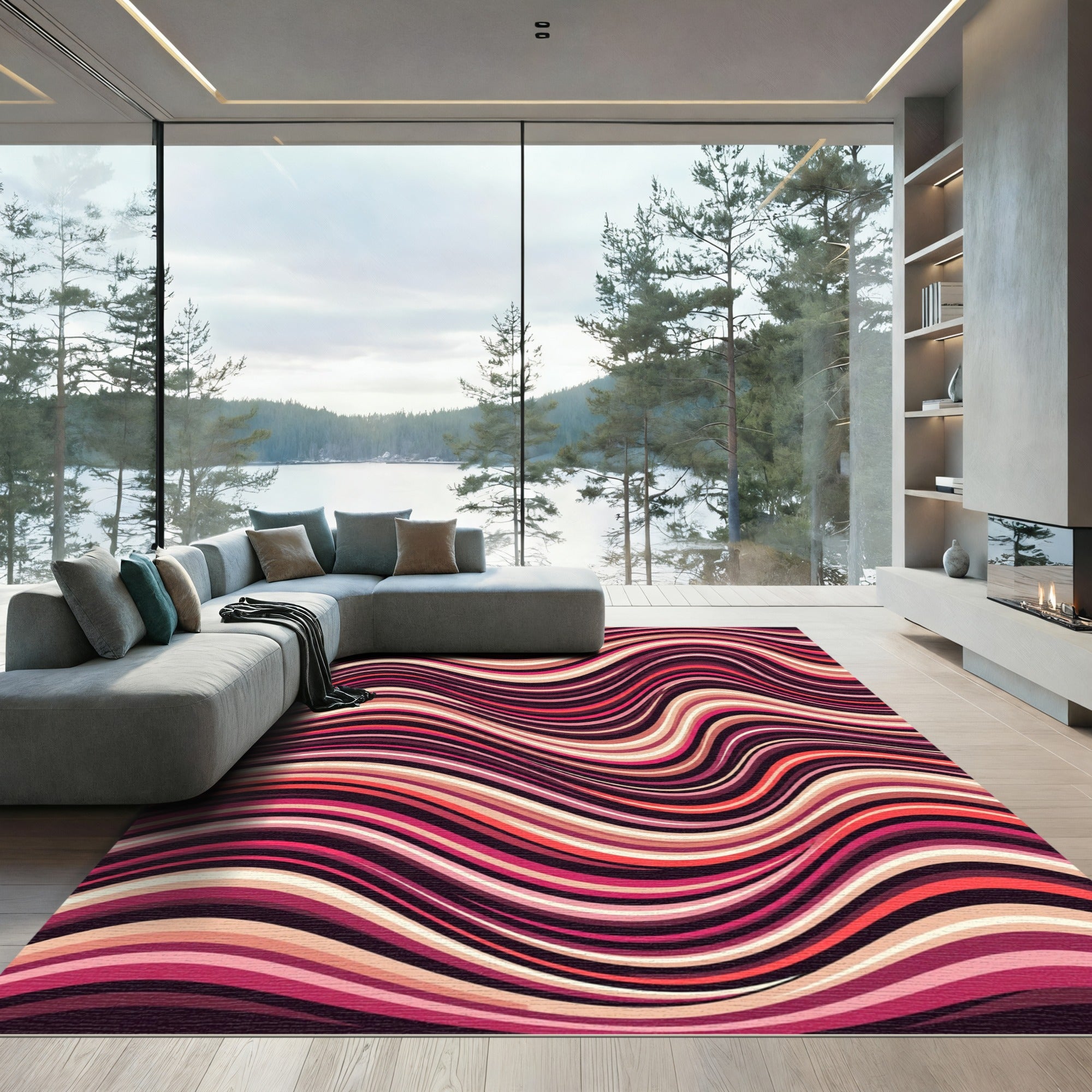 Pink Crimson Wavy Stripe Art Rug