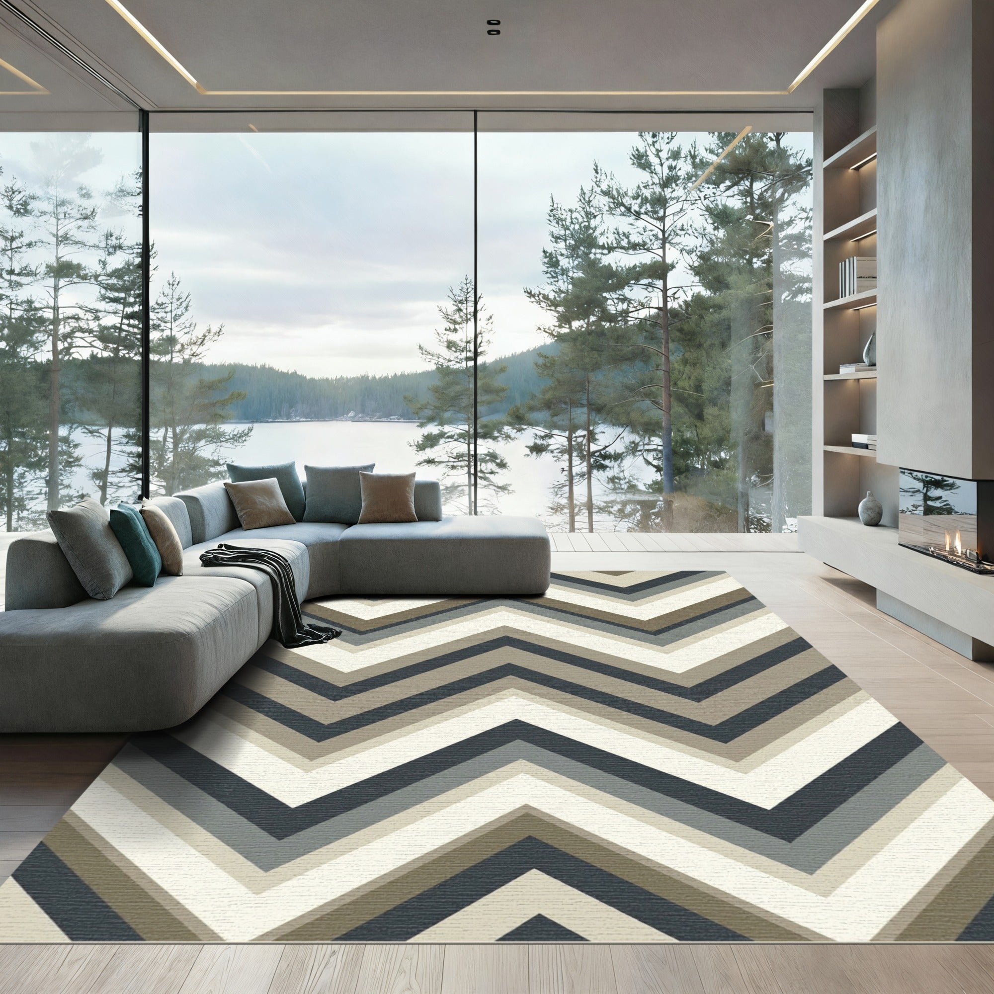 Earthy Grey Tones Zigzag Lines Rug