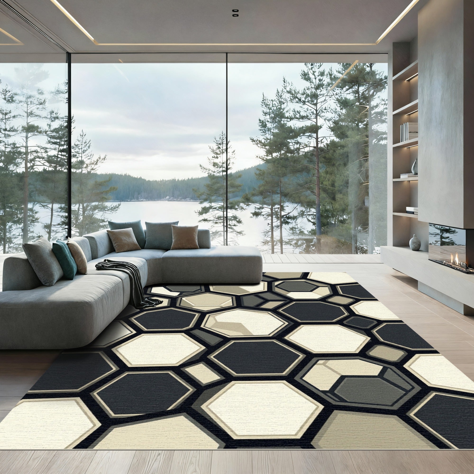 Sophisticated Monochrome Geometric Hexagon Area Rug