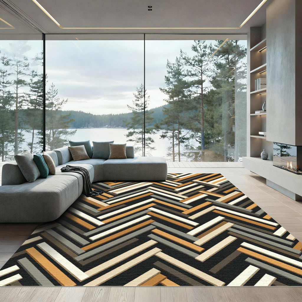 Modern Neutral Herringbone Slatted Geometric Rug