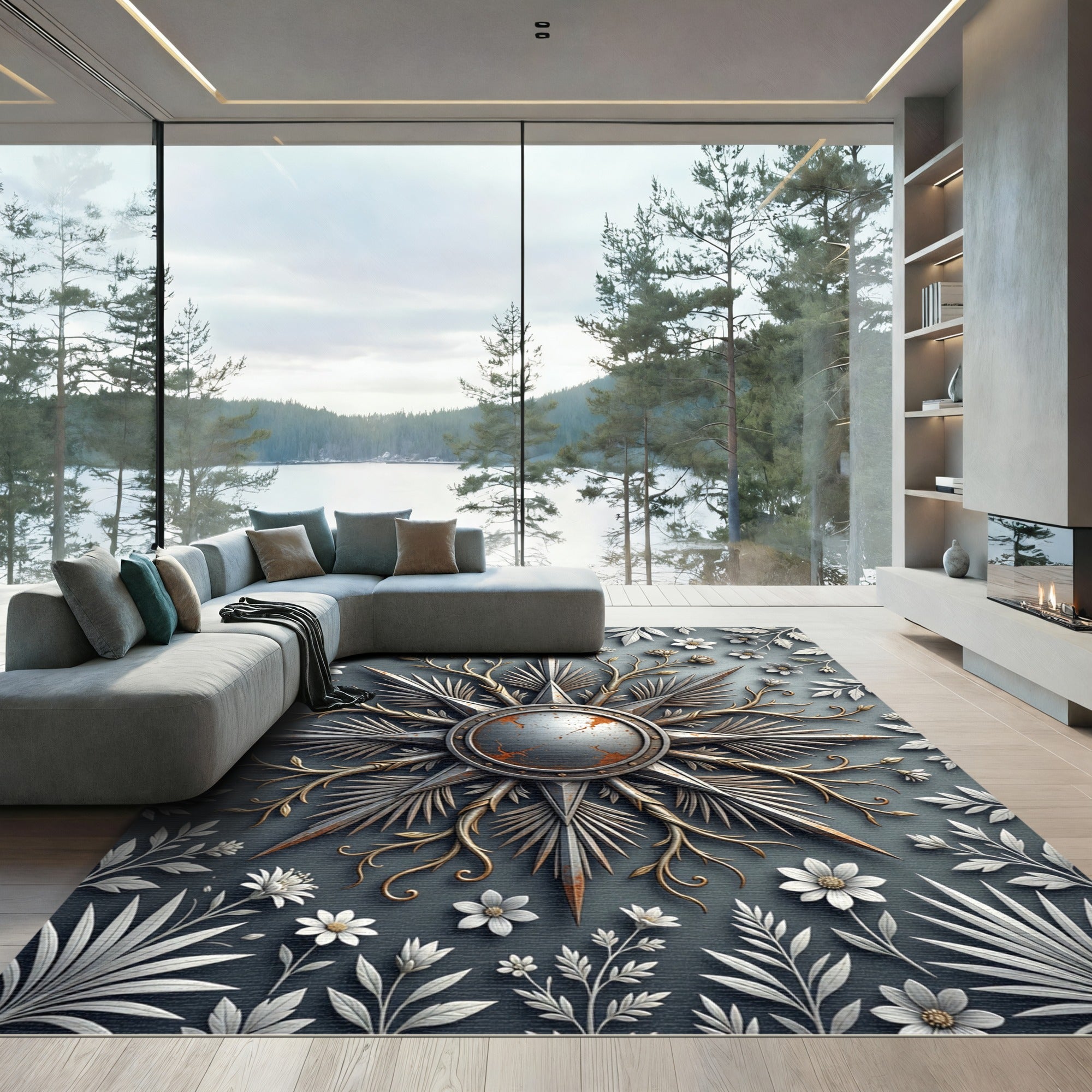 Metallic Starburst and Floral Gray Medallion Rug