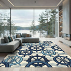 Navy Blue Ship Wheel Waves Rug