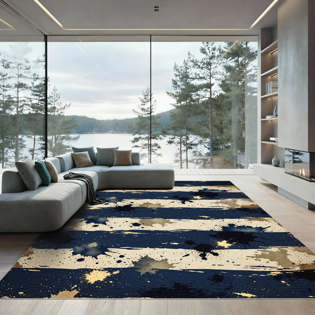 Dark Blue Gold Splatter Stripe Rug