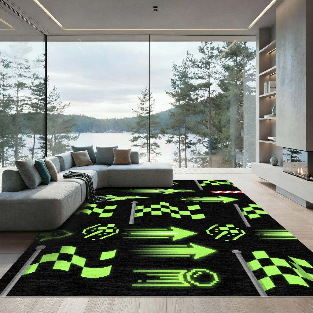 Neon Pixel Jet Stream Checkered Flag Rug
