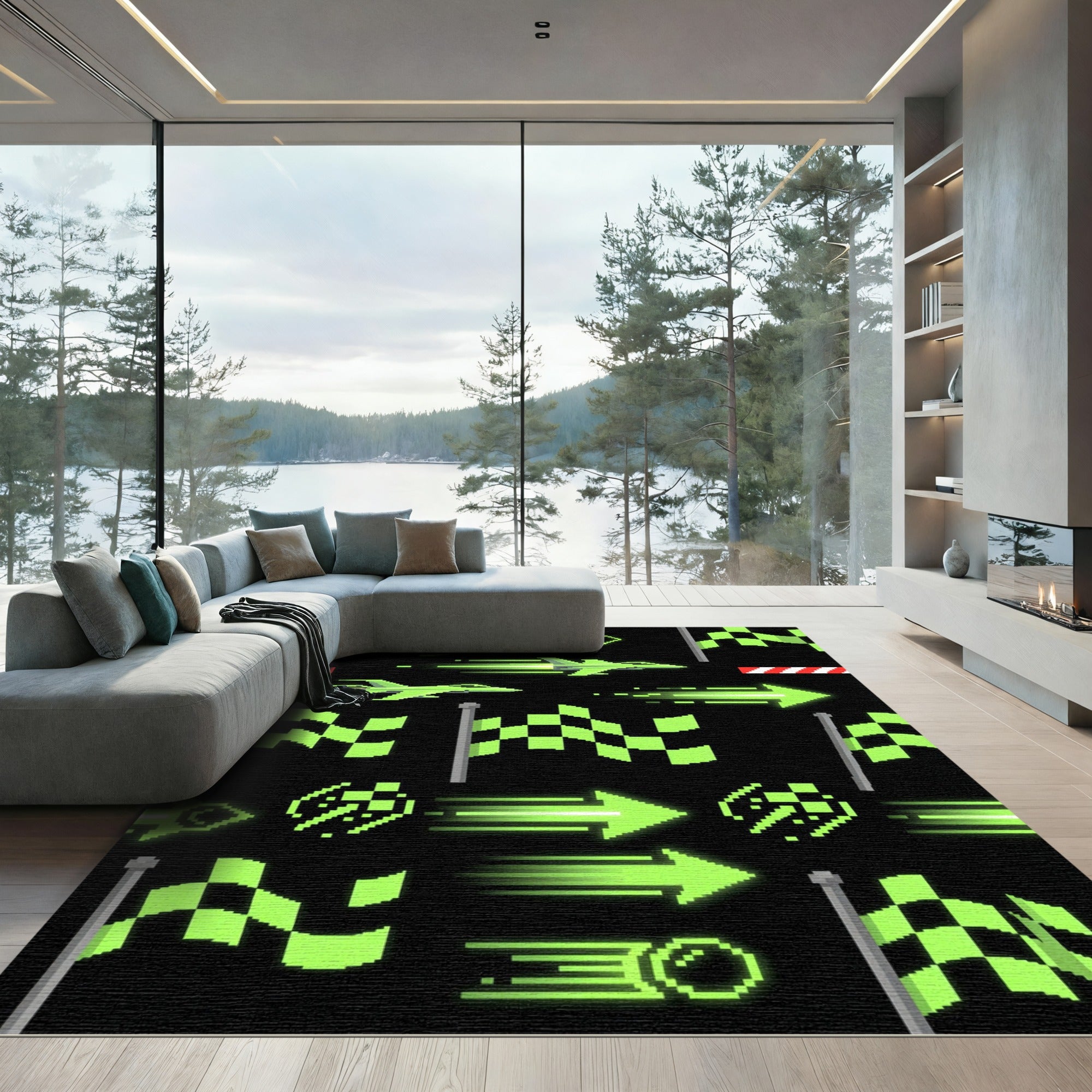 Neon Pixel Jet Stream Checkered Flag Rug