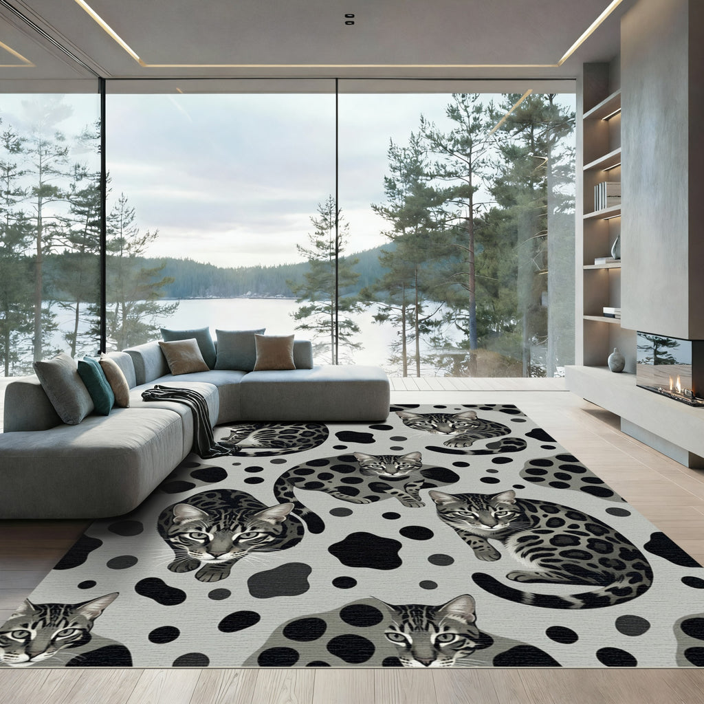 Monochrome Leopard Spotted Bengal Cat Fabric Rug