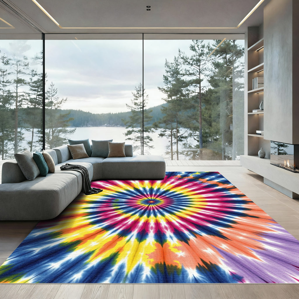 Vibrant Psychedelic Tie Dye Sunburst Rug