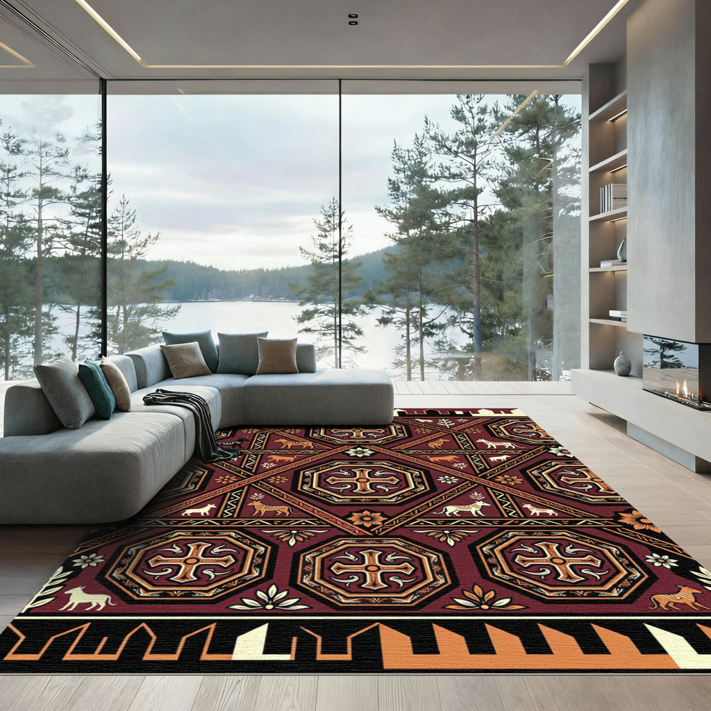 Deep Red Golden Animal Medallion Rug