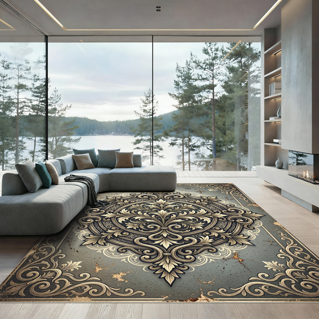 Ornate Gold Scrollwork Medallion Rug
