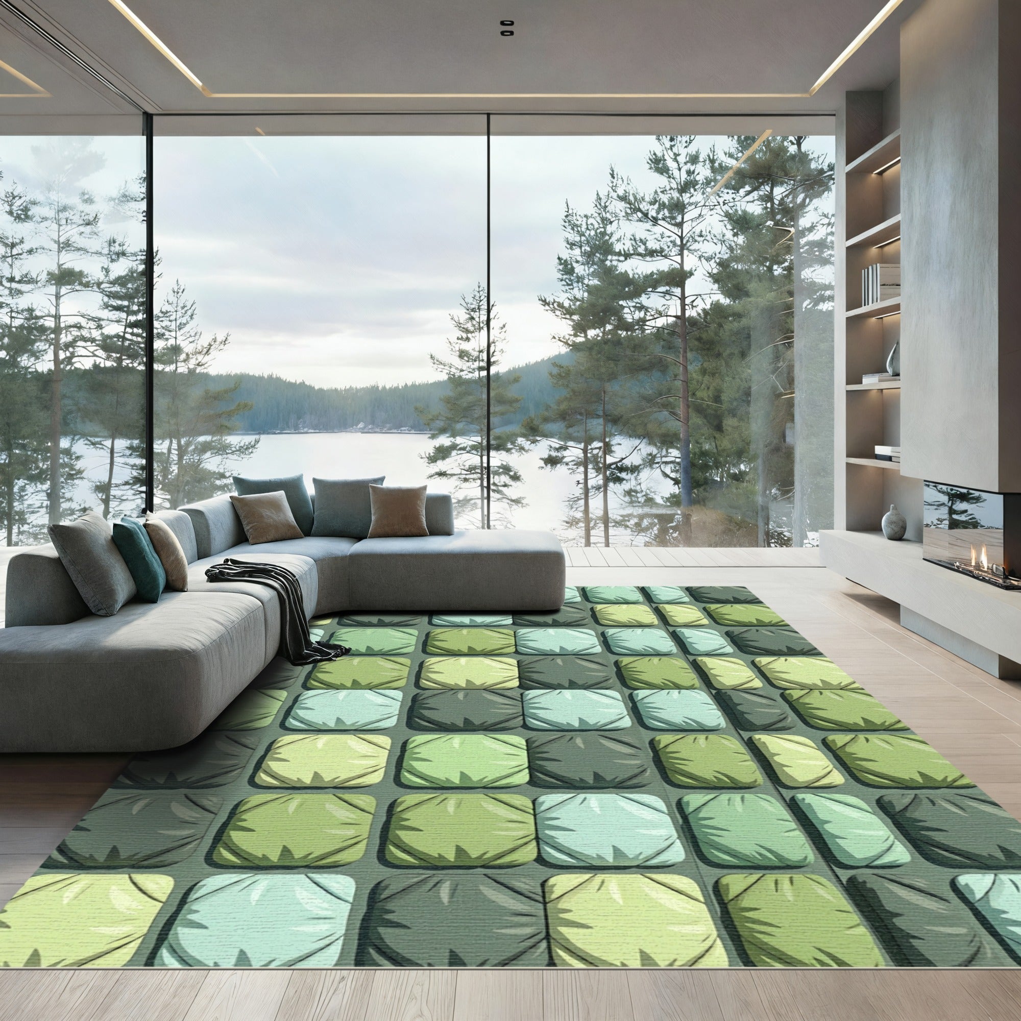 Geometric Sage and Olive Puffy Tile Rug