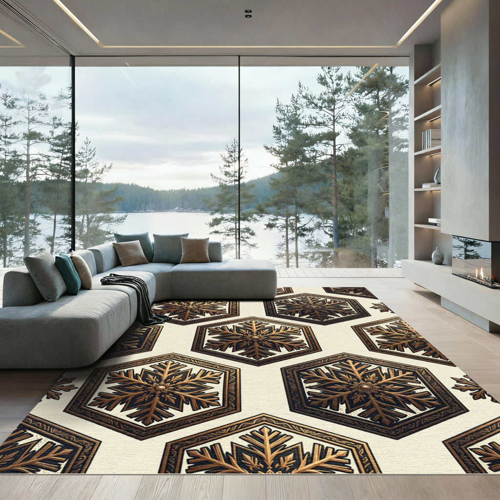 Golden Snowflake Hexagonal Geometric Art Rug