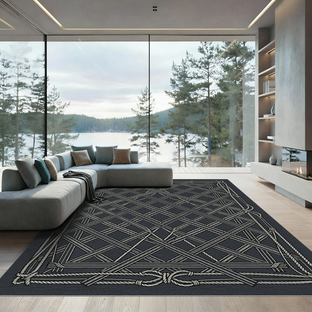Navy Rope Lattice Border Rug