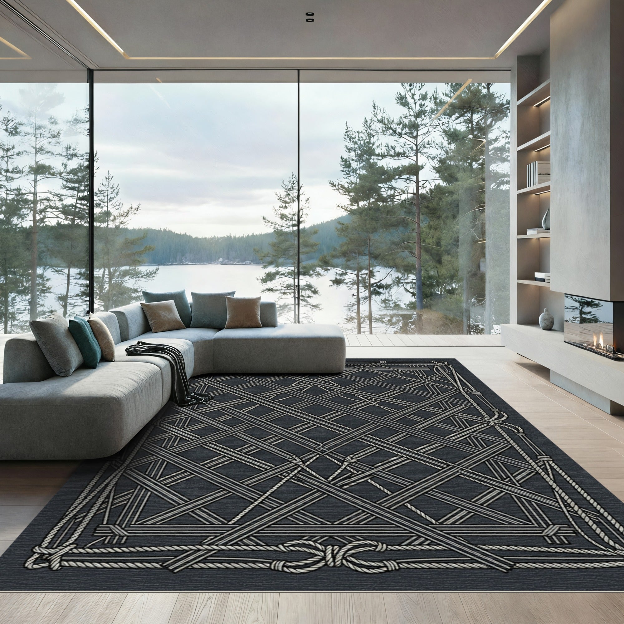 Navy Rope Lattice Border Rug
