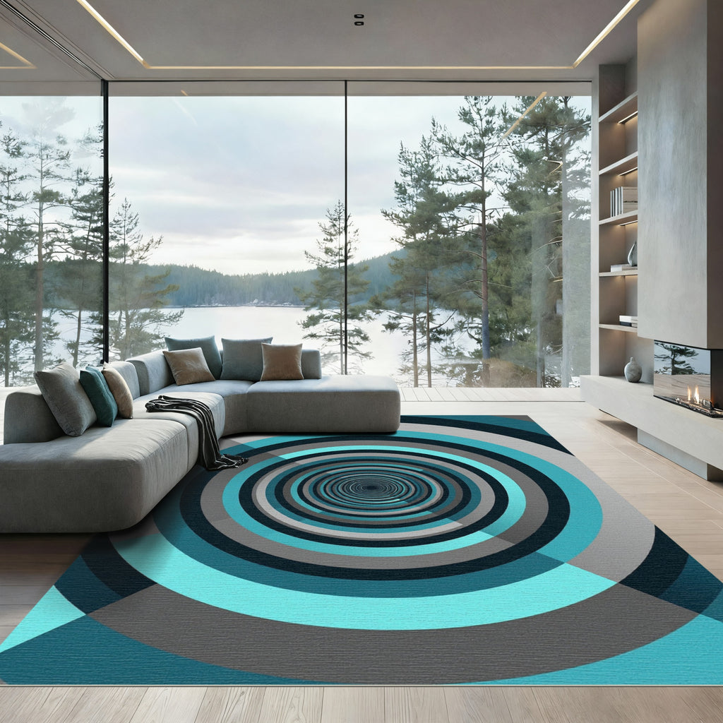 Abstract Teal Gray Concentric Tunnel Rug