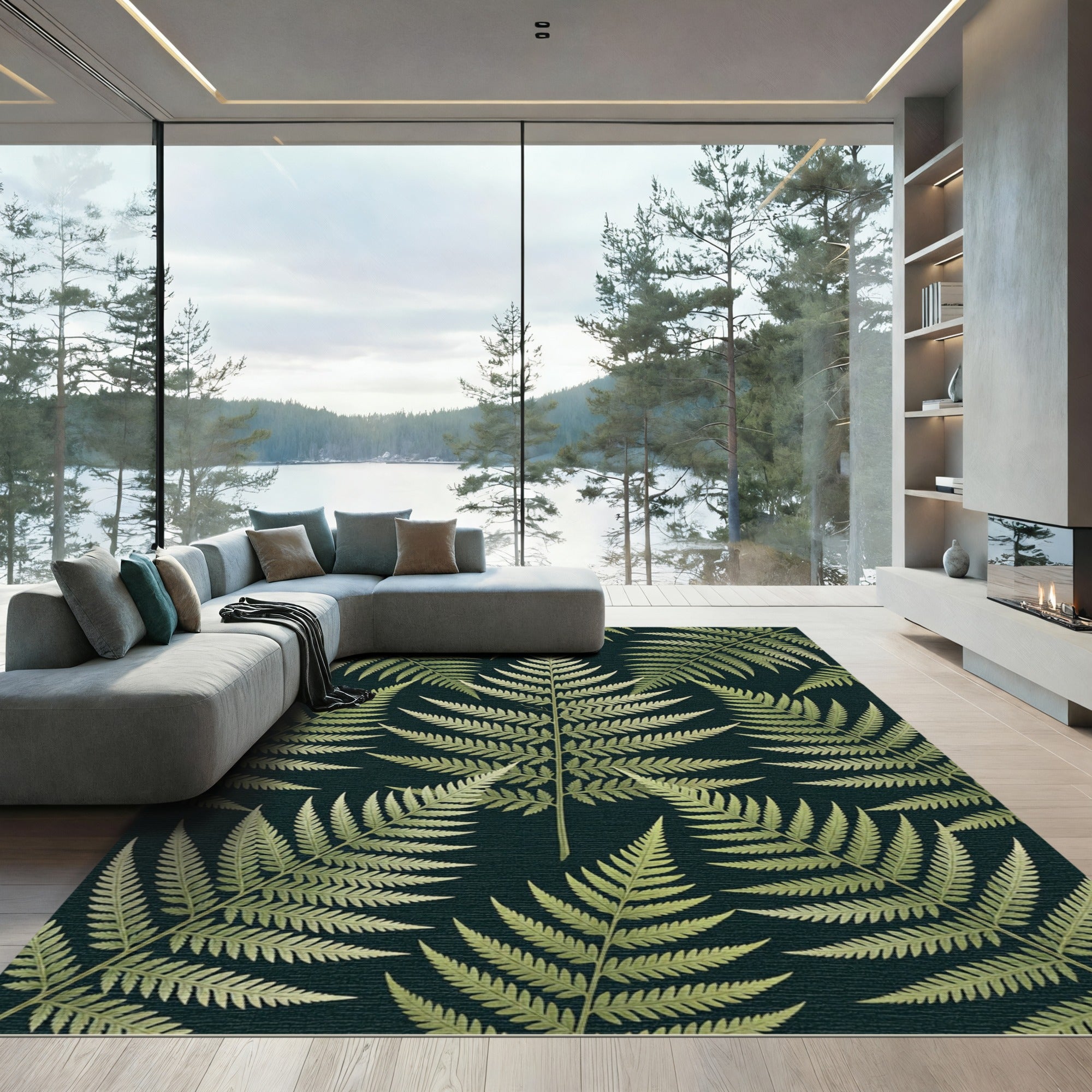 Green Fern Frond Forest Arrangement Rug