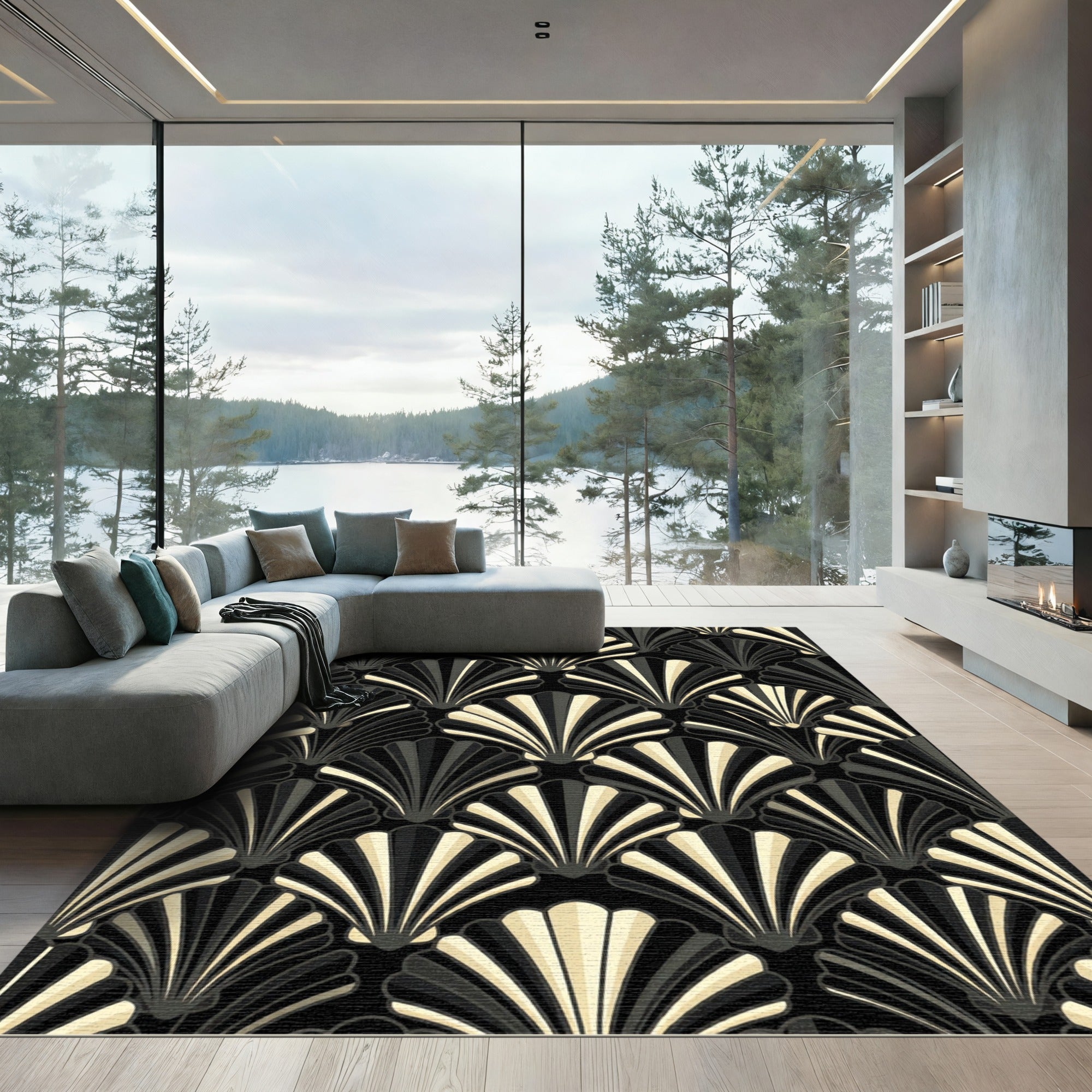 Black Gold Art Deco Shell Stripe Rug