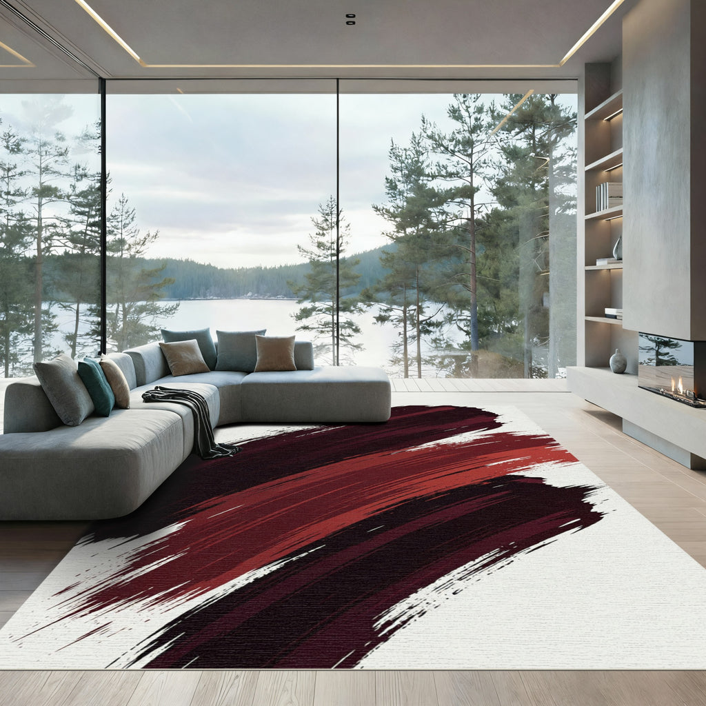 Bold Crimson Abstract Brushstroke Rug