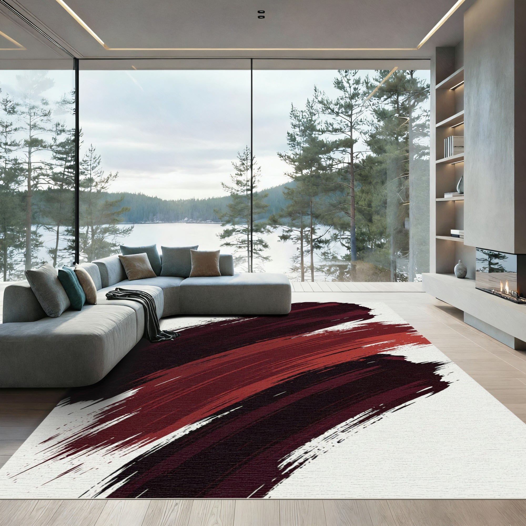 Bold Crimson Abstract Brushstroke Rug