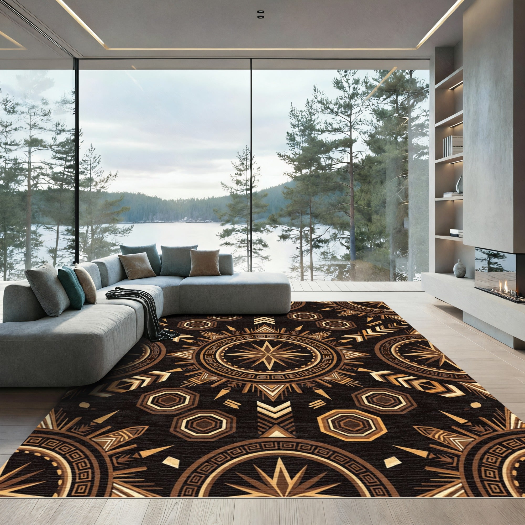 Bronze Geometric Solar Star Emblem Rug