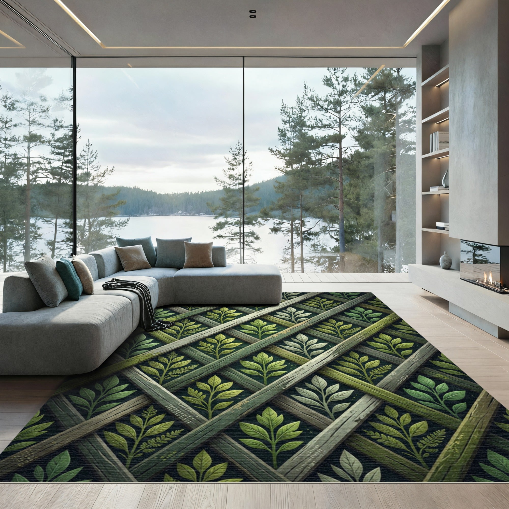Lush Green Botanical Herbaceous Lattice Rug