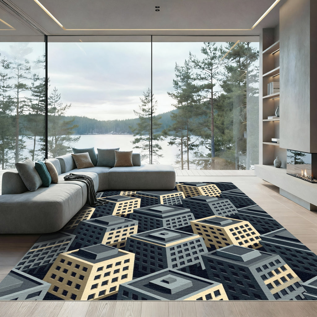 Geometric Cityscape Buildings Isometric Rug